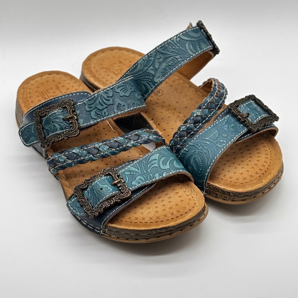L'Artiste Spring 40 Blue Leather Slide Sandal Comfort Boho Artsy Euro US 9-9.5